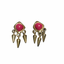 Load image into Gallery viewer, Vintage Jewelry 1980’s Pink and Brass Spiked Dangle Clip on Earrings
