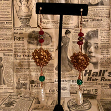 Load image into Gallery viewer, Handmade by Rose, Long Copper Tone Art Nouveau Woman Floral Vintage Wedding Cake Bead Wired Dangle Earrings
