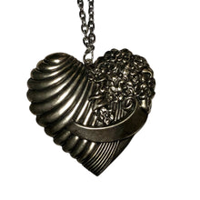 Load image into Gallery viewer, Handmade by Rose, Vintage Silver Plated 1970’s Brass Ribbed Victorian Style Floral Heart Pendant Necklace
