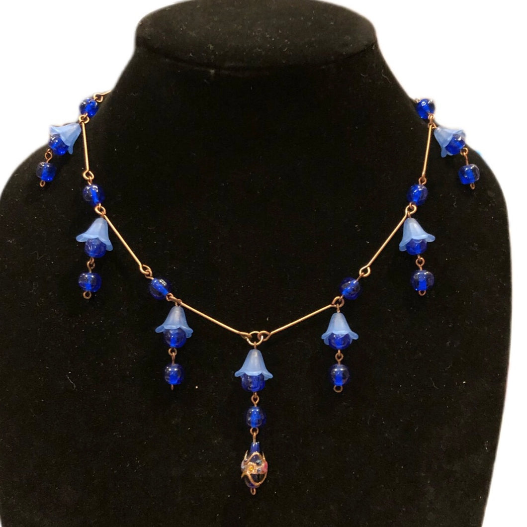Handmade by Rose Cobalt Blue Glass Czech Beads Floral Bluebell Flower Art Nouveau Style Antiquated Copper Necklace
