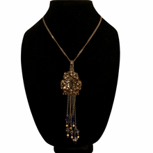 Load image into Gallery viewer, Handmade by Rose, Brass Victorian Antique Style Cherub Angel Long Tassel Blue Floral Venetian Bead Necklace
