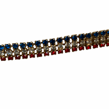 Load image into Gallery viewer, Vintage Jewelry Sparkling Red White ( Clear ) Blue Rhinestone Gold Tone Patriotic American Flag Bracelet
