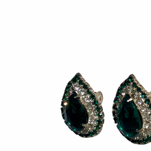 Load image into Gallery viewer, Vintage Jewelry Faux Emerald and Diamond Halo Cabochon Teardrop Silver Tone Clip on Earrings
