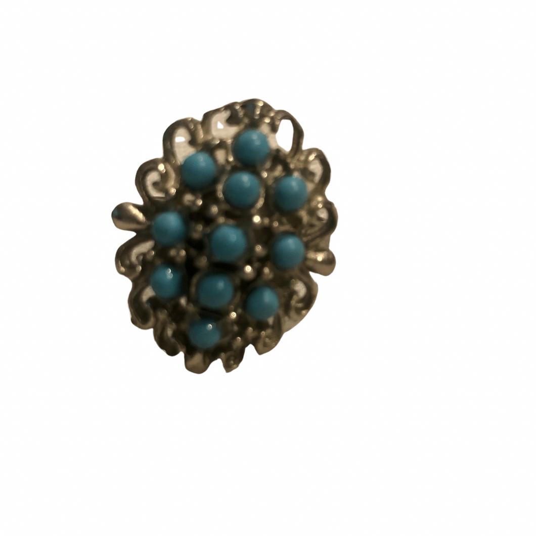 Vintage Jewelry Mini Faux Turquoise Stones Large Silver Tone Etched Filigree Size 7.25 Cocktail Ring