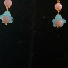 Load image into Gallery viewer, Handmade by Rose, Vintage Beads Teal Pink Bell Flower Haskell Bead Pastel Gold Plated Dangle Spring Earrings
