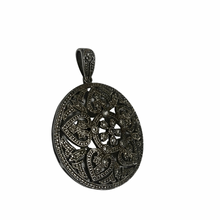 Load image into Gallery viewer, Vintage Jewelry Signed 925 Sterling Silver Round Openwork Marcasite Rhinestone Floral Flower Necklace Pendant
