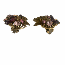 Load image into Gallery viewer, Vintage Jewelry Purple Lucite Cabochons Yellow Rhinestone Brass Tone Floral Flower Clip on Earrings
