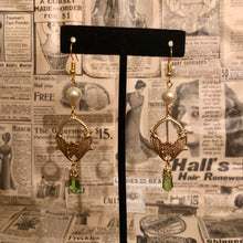 Load image into Gallery viewer, Handmade by Rose, Art Nouveau Style Gold Lilly Flower Vintage Faux Pearl and Peridot Drop Earrings
