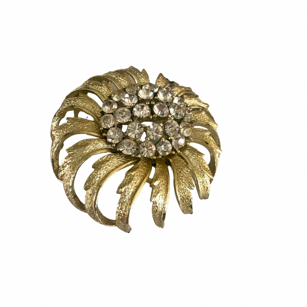 Vintage Jewelry Signed Coro Midcentury Gold Tone Clear Rhinestone Sunburst Brooch