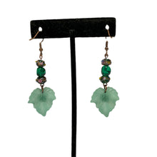 Load image into Gallery viewer, Handmade by Rose Green Leaf Vintage Glass Haskell and Venetian Wedding Cake Floral Beaded Copper Fire Opal Dangle Earrings
