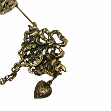 Load image into Gallery viewer, Vintage Jewelry Antiquated Victorian Revival Style Floral Heart Bow Chain Brass tone Stick Pin Brooch
