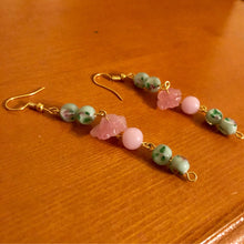 Load image into Gallery viewer, Handmade by Rose, Vintage Mint Green and Pink Rose and Haskell beads Floating Flower Earrings
