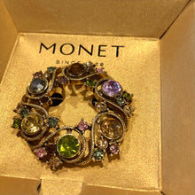 Load image into Gallery viewer, Vintage 1980’s Eighties Deadstock Gold Tone Wreath Circle Pastel Rhinestone Monet Brooch
