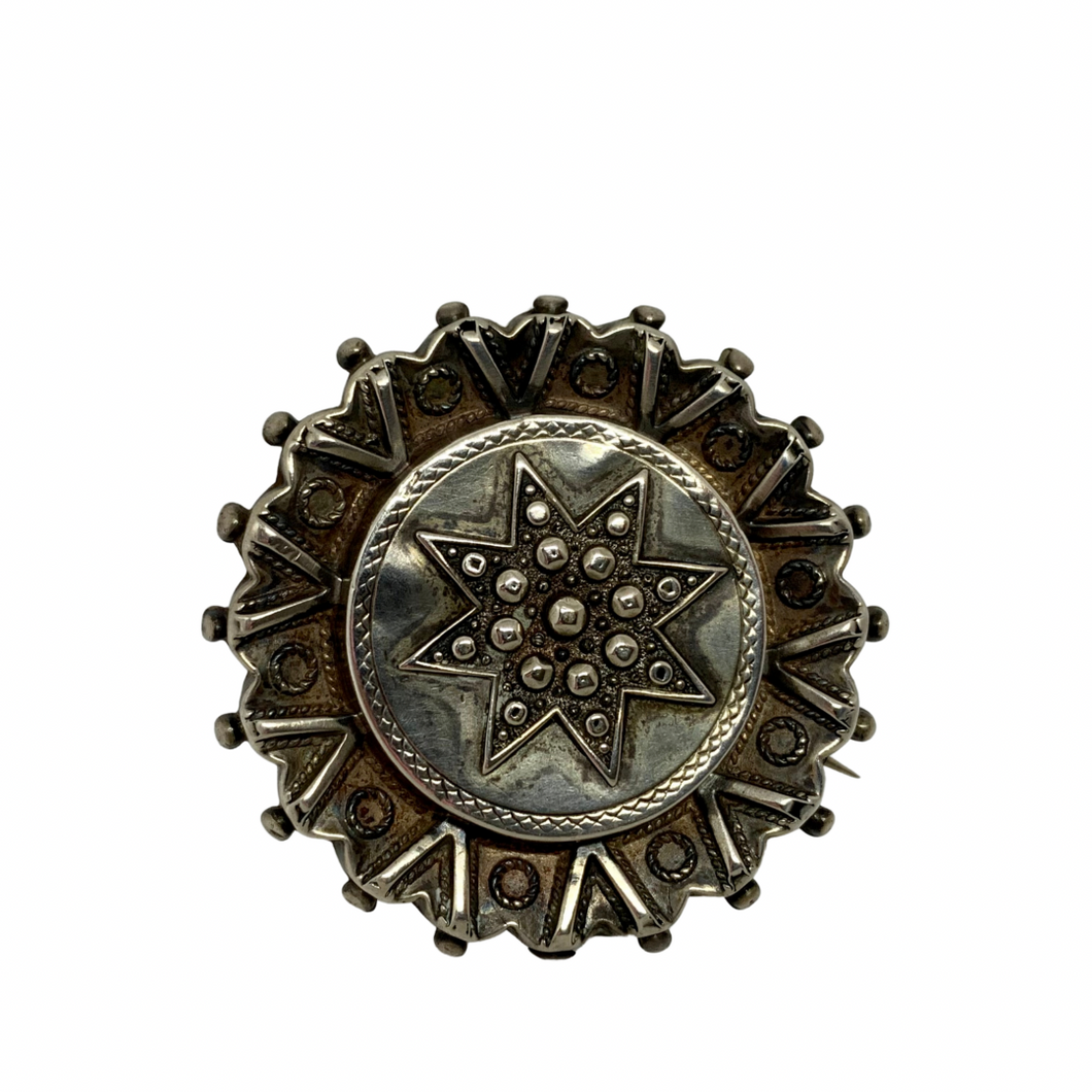 Antique Vintage Victorian Solid Silver Filigree Round Star Medallion Brooch Pin