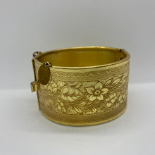 Load image into Gallery viewer, Vtg Signed Miriam Haskell Midcentury Gold Gilt Etched Floral Wide Hinged Cuff Bracelet
