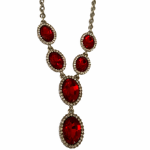 Load image into Gallery viewer, Vintage Style Faux Ruby Red Gemstone Cabochons Clear Rhinestones Drop Dangle Silver Tone Necklace
