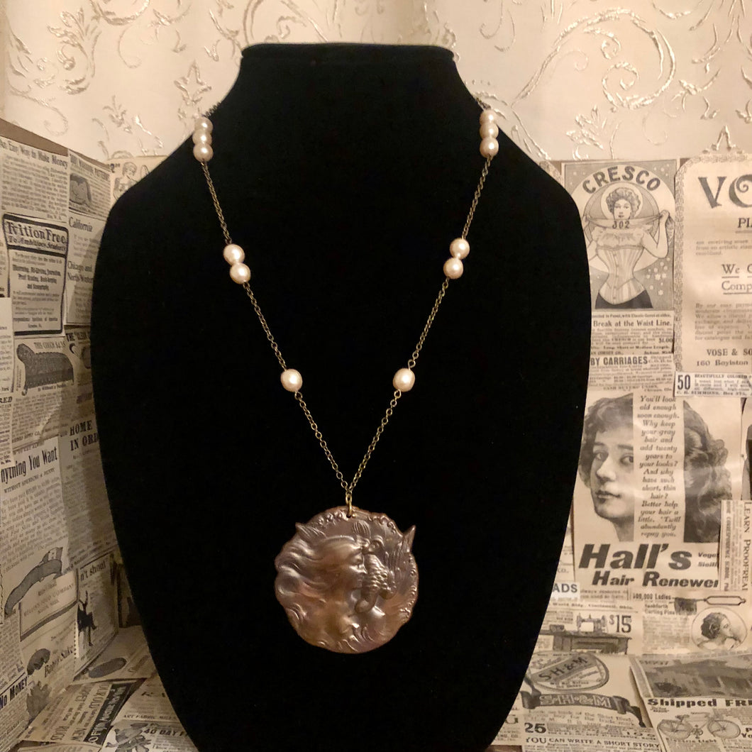 Handmade by Rose, Art Nouveau Style Faux Baroque Pearl Woman with Bird Brass Tone Pendant Necklace