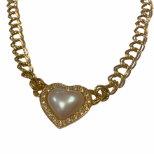 Load image into Gallery viewer, Vintage Jewelry Signed Avon Gold Tone Double Link Chain Pearl Heart Cabochon Pendant Necklace
