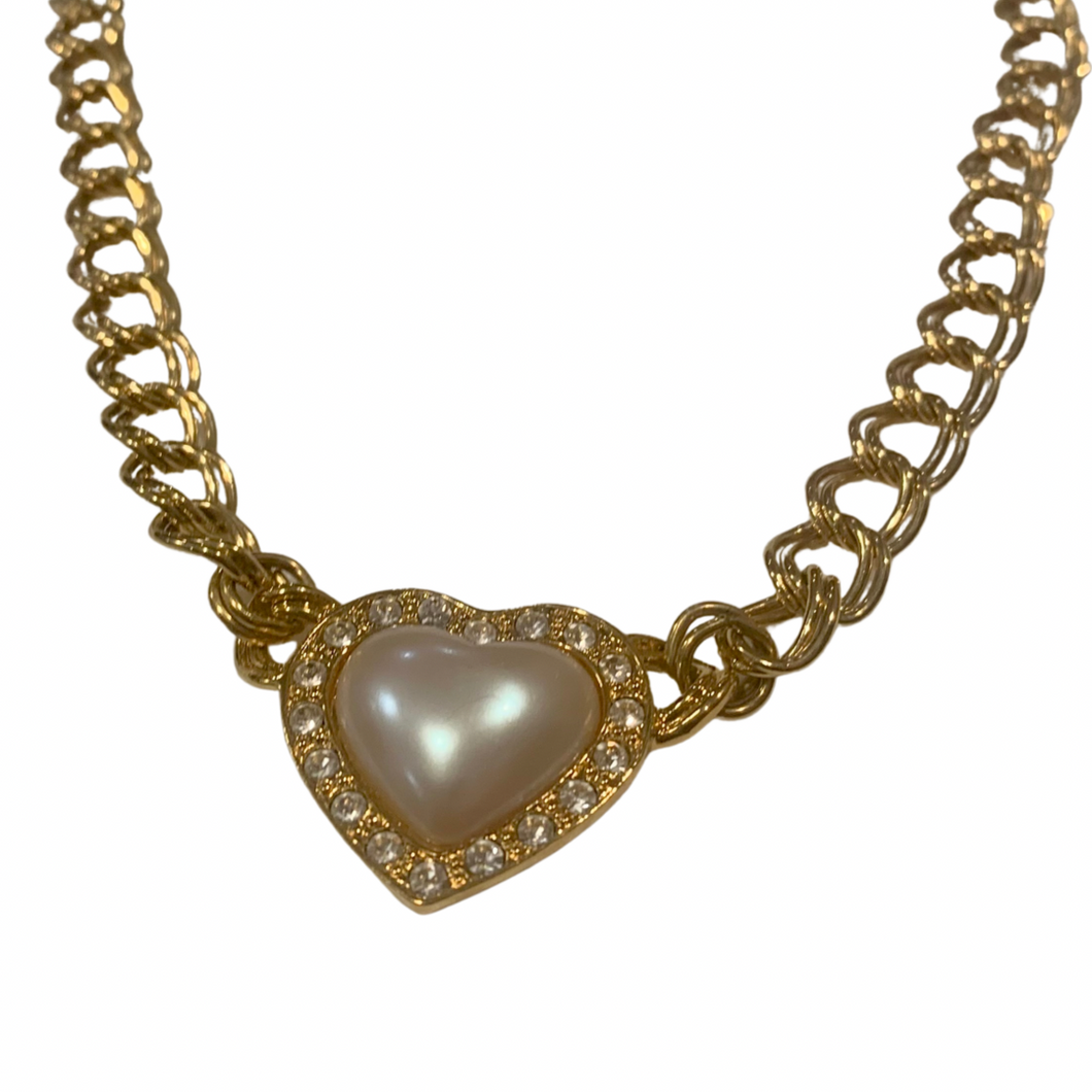 Vintage Jewelry Signed Avon Gold Tone Double Link Chain Pearl Heart Cabochon Pendant Necklace