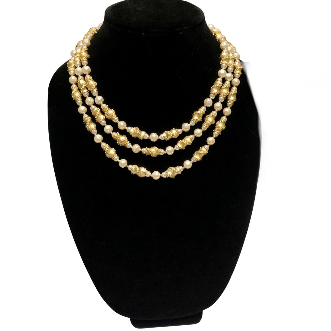 Vintage Jewelry Midcentury Crown Trifari Twisted Gold Nugget Bead and Faux Akoya Baroque Pearl Multistrand Necklace