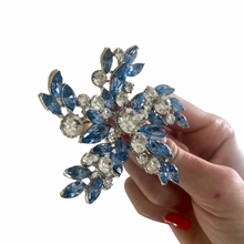 Load image into Gallery viewer, Vintage Jewelry Juliana Style Large Baby Blue and Clear Floral Flower Rhinestone Silver Tone Brooch and Clip on Earrings
