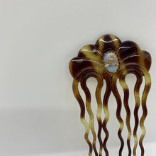 Load image into Gallery viewer, Vintage Faux Tortoiseshell 4” Decorative Hair Comb Brown Yellow Blue Moonstone Accent Gem
