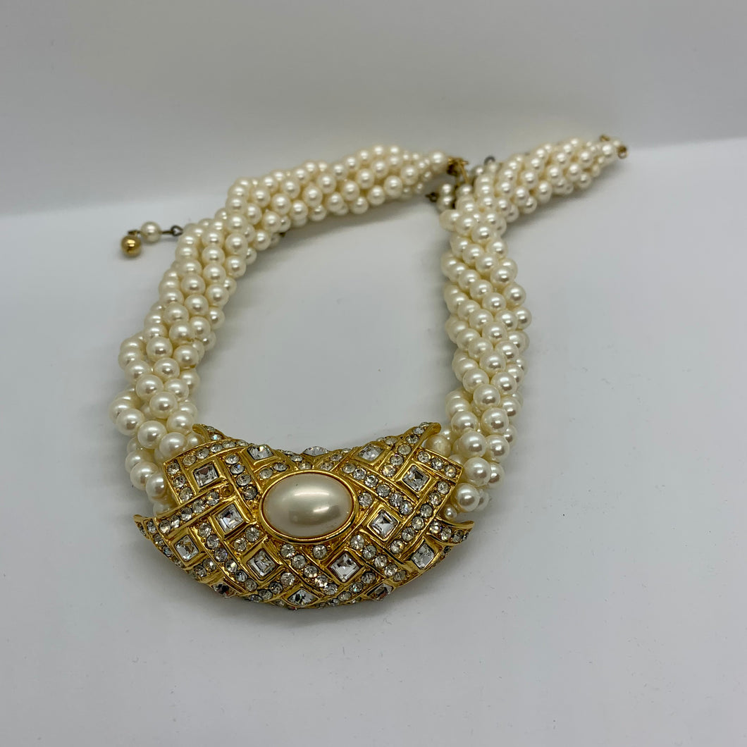 Vintage Trifari Faux Pearl Multistrand Torsade Gold Tone Setting Inlaid Clear Rhinestone Necklace