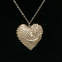 Load image into Gallery viewer, Handmade by Rose, Vintage Silver Plated 1970’s Brass Ribbed Victorian Style Floral Heart Pendant Necklace
