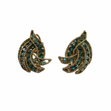 Load image into Gallery viewer, Vintage Jewelry Green Blue Aurora Borealis Crystal Rhinestone Gold Tone Clip on Earrings
