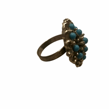 Load image into Gallery viewer, Vintage Jewelry Mini Faux Turquoise Stones Large Silver Tone Etched Filigree Size 7.25 Cocktail Ring
