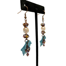 Load image into Gallery viewer, Handmade by Rose Teal Leaf Vintage Baroque Glass Pearl and Purple Venetian Wedding Cake Floral Beaded Copper AB Charm Dangle Earrings
