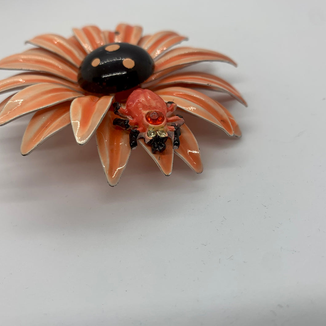 Vintage Retro Orange Black Flower Rhinestone Ruby Gemstone Spider Brooch