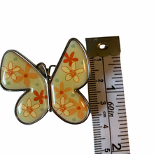 Load image into Gallery viewer, Vintage Mod Hippie Yellow Orange Silver Tone Floral Flower Power Butterfly Brooch
