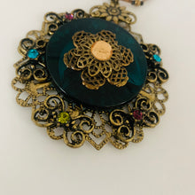 Load image into Gallery viewer, Vintage Brass Tone Dark Green Lucite Disc Brass Flower Filigree Bead Rhinestone Necklace
