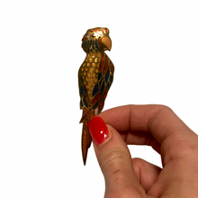 Load image into Gallery viewer, Vintage Jewelry Plique a Jour Style Golden, Gold, Orange, Yellow, Red, and Blue Parrot Bird Brooch Pin
