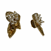 Load image into Gallery viewer, Vintage Jewelry Gold Sequin Faux Pearl Fabric Faux Leather Golden Gold Butterfly Clip on Earrings
