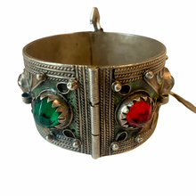 Load image into Gallery viewer, Vintage Jewelry Afghan Middle Eastern Tribal Red Green Glass Gemstone Filigree Hinged Cuff Silver Bracelet
