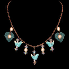 Load image into Gallery viewer, Handmade by Rose Teal Turquoise tone Pearl Three Little Bird Copper Venetian Wedding Cake Beaded Necklace
