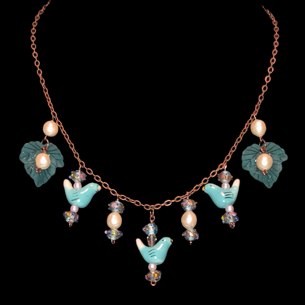 Handmade by Rose Teal Turquoise tone Pearl Three Little Bird Copper Venetian Wedding Cake Beaded Necklace