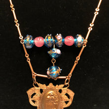 Load image into Gallery viewer, Handmade by Rose Art Nouveau Style Lady Pendant Copper Necklace Pink Haskell Blue Venetian Floral Beads
