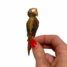 Load image into Gallery viewer, Vintage Jewelry Plique a Jour Style Golden, Gold, Orange, Yellow, Red, and Blue Parrot Bird Brooch Pin
