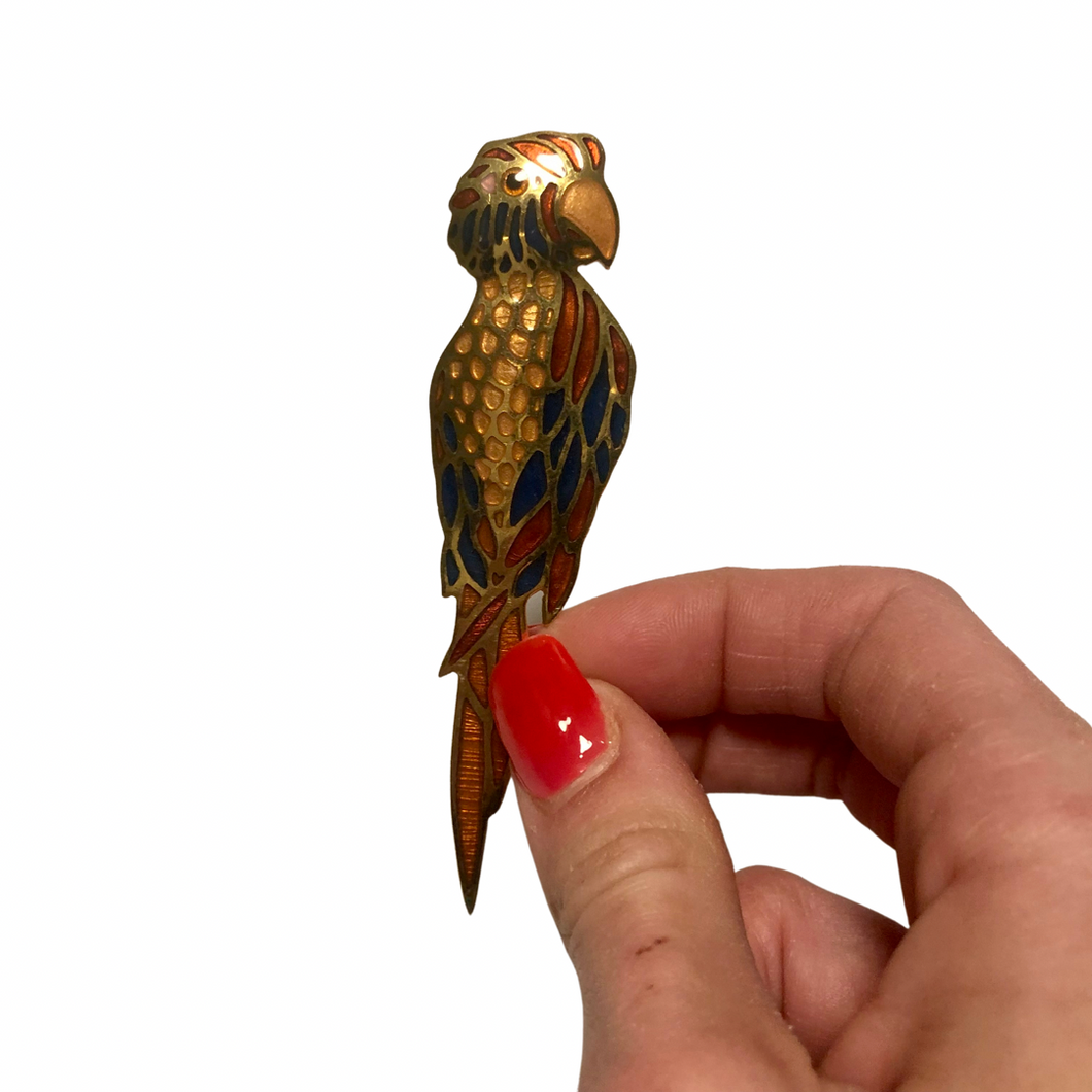 Vintage Jewelry Plique a Jour Style Golden, Gold, Orange, Yellow, Red, and Blue Parrot Bird Brooch Pin