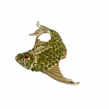 Load image into Gallery viewer, Vintage Jewelry Large Peridot Green and Ruby Red Tone Rhinestone Gold Tone Fish Brooch Pin
