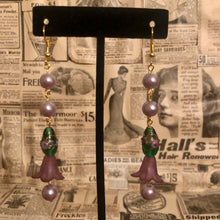 Load image into Gallery viewer, Handmade by Rose, Purple Lucite Bell Flower Pearl Dangle Vintage Venetian Green Floral Wedding Cake Bead Gold Earrings
