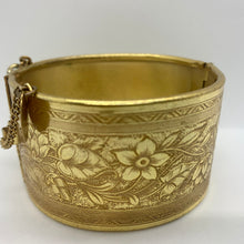 Load image into Gallery viewer, Vtg Signed Miriam Haskell Midcentury Gold Gilt Etched Floral Wide Hinged Cuff Bracelet
