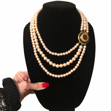 Load image into Gallery viewer, Vintage Jewelry Signed Richelieu Graduated Multistrand Faux Pearl Gold Onyx Tone Faux Amber Pendant Necklace
