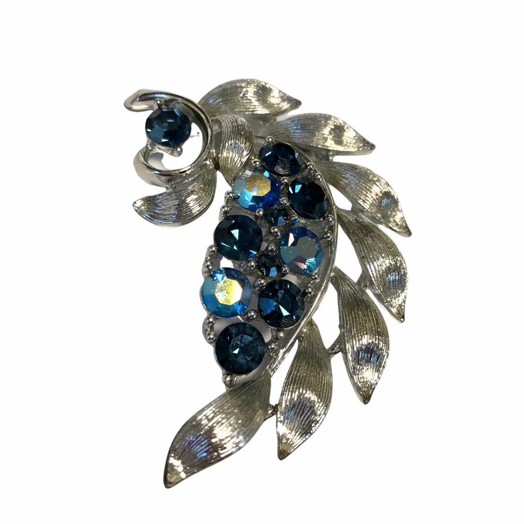 Vintage Jewelry Signed Lisner Blue AB Crystal Rhinestone Silver Tone Brooch