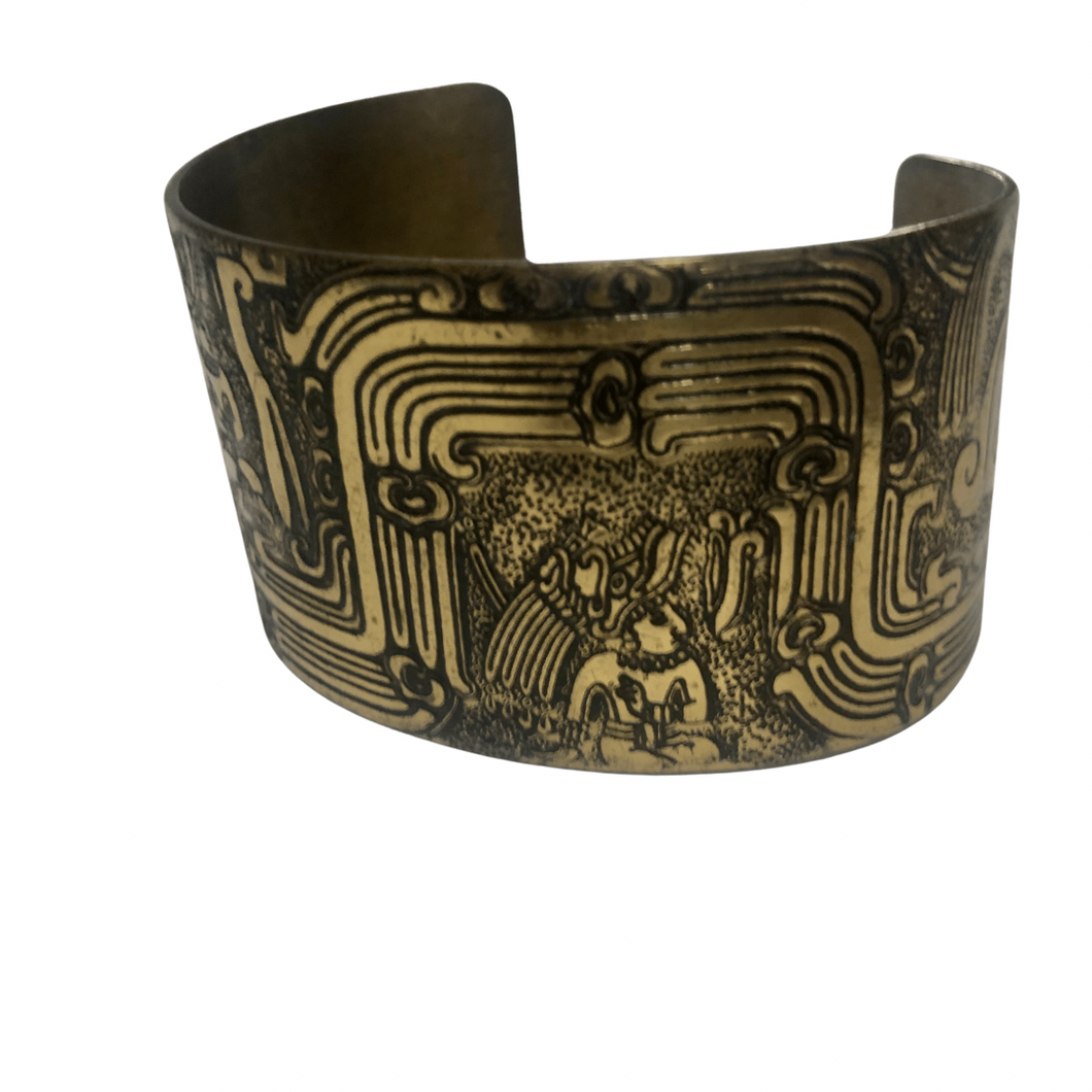 Vintage Jewelry Brass and Black Tone Etched Mayan Culture Cuff Bracelet