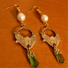 Load image into Gallery viewer, Handmade by Rose, Art Nouveau Style Gold Lilly Flower Vintage Faux Pearl and Peridot Drop Earrings
