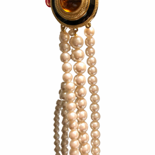 Load image into Gallery viewer, Vintage Jewelry Signed Richelieu Graduated Multistrand Faux Pearl Gold Onyx Tone Faux Amber Pendant Necklace
